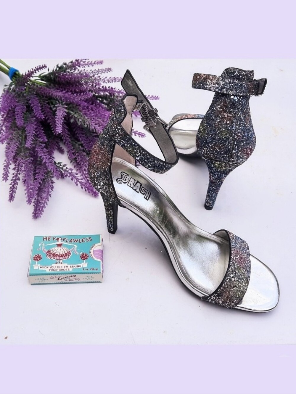 BRASH Purple Sparkle Ankle Strap Pumps